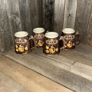 Vintage-Style Brown Ceramic Beer Mugs — Set of 4